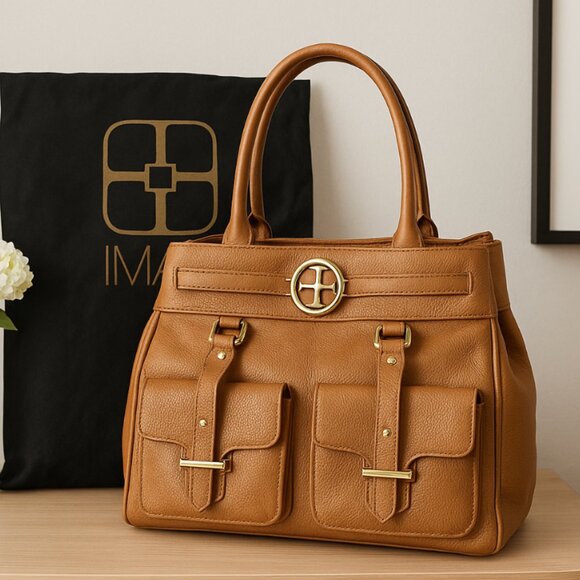 IMAN Pebbled Leather-Look Tote w/ Gold Hardware + Dust Bag – Camel – Excellent - Picture 1 of 1